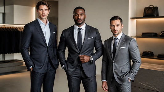A professional shot of three men with different body types wearing impeccably tailored, modern suits in a stylish environment