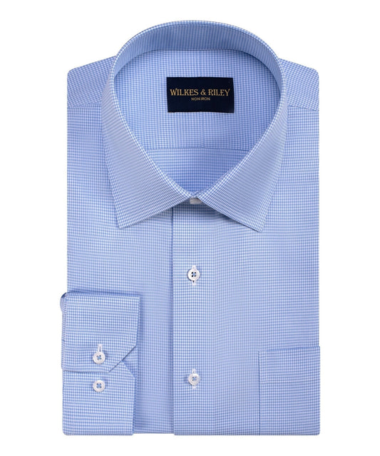 Blue Houndstooth Spread Collar Non-Iron Twill Dress Shirt